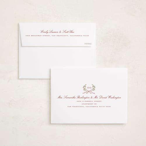 This is a cranberry holiday photo cards with standard by Wildfield Paper Co called holly berry monogram printing on recycled smooth signature in standard