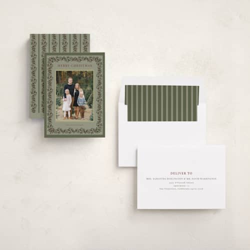 This is a olive holiday photo cards with standard by Cass Loh called winter berry frame printing on recycled smooth signature in standard