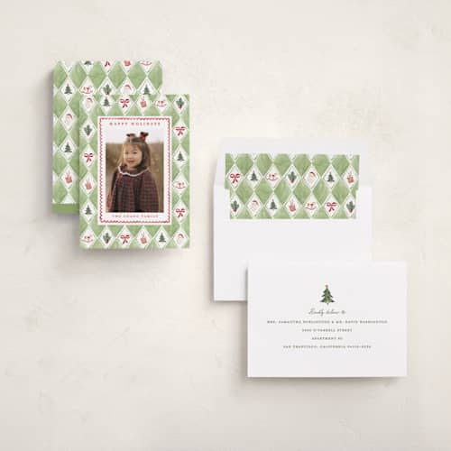 This is a matcha holiday photo cards with standard by Sarah Knight called nostalgic wrap printing on recycled smooth signature in standard