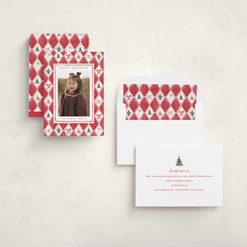 This is a grenadine holiday photo cards with standard by Sarah Knight called nostalgic wrap printing on recycled smooth signature in standard