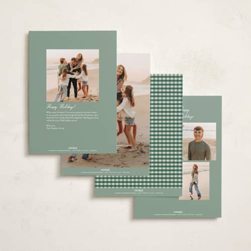 This is a pine holiday photo cards with standard by Stacey Meacham called cute gingham mat printing on recycled smooth signature in standard