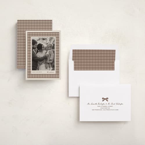 This is a chocolate holiday photo cards with standard by Stacey Meacham called cute gingham mat printing on recycled smooth signature in standard