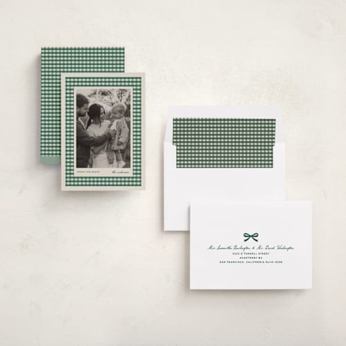 This is a pine holiday photo cards with standard by Stacey Meacham called cute gingham mat printing on recycled smooth signature in standard