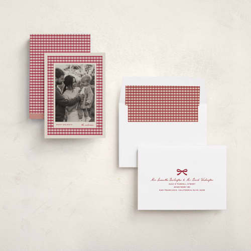 This is a garnet holiday photo cards with standard by Stacey Meacham called cute gingham mat printing on recycled smooth signature in standard