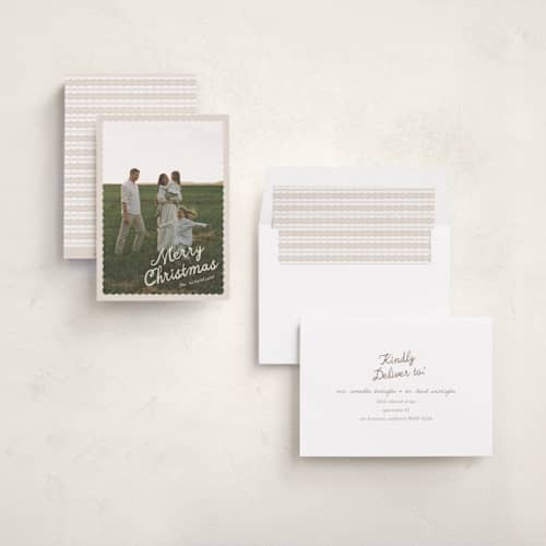 This is a creamer holiday photo cards with standard by Pixel and Hank called dispatch printing on recycled smooth signature in standard