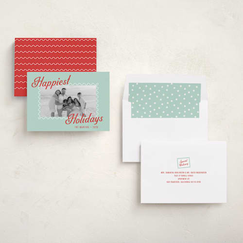 This is a seafoam holiday photo cards with standard by Olivia Raufman called happy on holiday printing on recycled smooth signature in standard