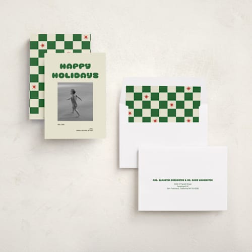 This is a elf shoes holiday photo cards with standard by Helena Vitto called retro days printing on recycled smooth signature in standard