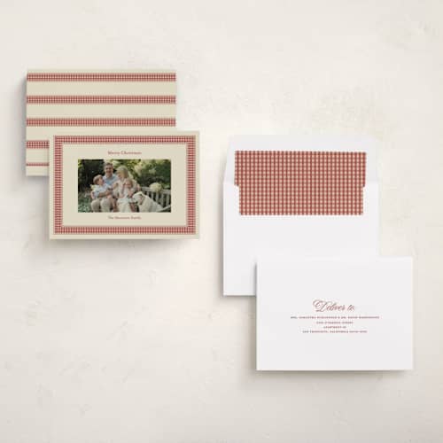 This is a cranberry holiday photo cards with standard by Ellen Schlegelmilch called gingham ribbon printing on recycled smooth signature in standard