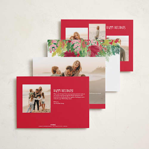 This is a strawberry punch holiday photo cards with standard by Shiny Penny Studio called tropical pines frame printing on recycled smooth signature in standard