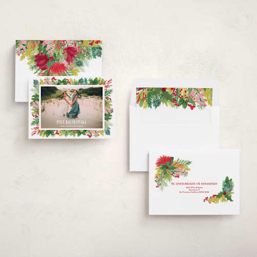 This is a strawberry punch holiday photo cards with standard by Shiny Penny Studio called tropical pines frame printing on recycled smooth signature in standard