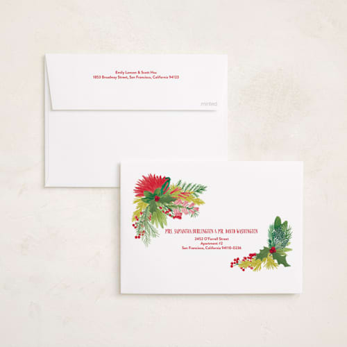 This is a strawberry punch holiday photo cards with standard by Shiny Penny Studio called tropical pines frame printing on recycled smooth signature in standard