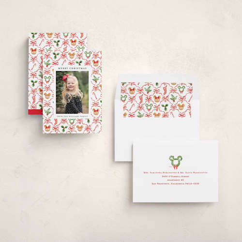 This is a candy cane holiday photo cards with standard by Sarah Knight called disney mickey's merry christmas printing on recycled smooth signature in standard