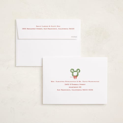 This is a candy cane holiday photo cards with standard by Sarah Knight called disney mickey's merry christmas printing on recycled smooth signature in standard