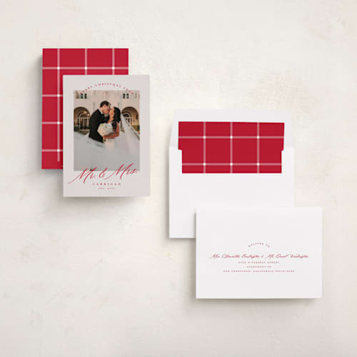 This is a tinsel holiday photo cards with standard by Pink House Press called mr. and mrs. printing on recycled smooth signature in standard