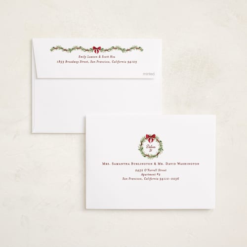 This is a berry holiday photo cards with standard by Sarah Knight called garland printing on recycled smooth signature in standard