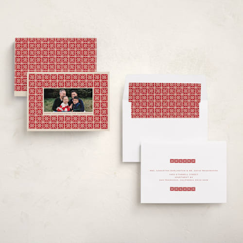 This is a poinsettia holiday photo cards with standard by Katharine Watson called stamped blocks printing on recycled smooth signature in standard