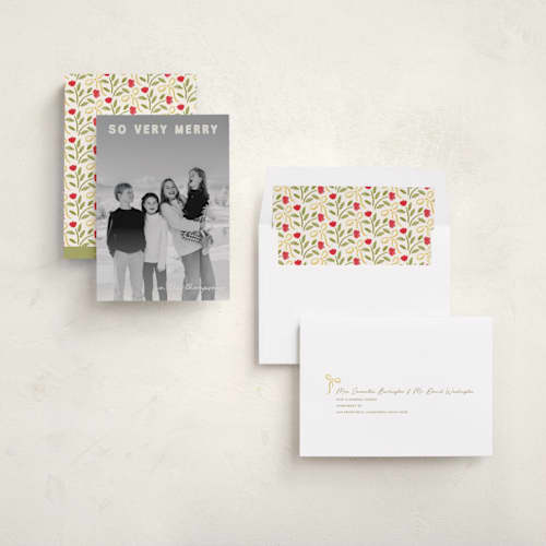 This is a cream holiday photo cards with standard by Jenny Millington called merry greeting printing on recycled smooth signature in standard
