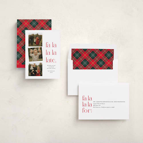 This is a crimson holiday photo cards with standard by Amy Payne called fa la la la late printing on recycled smooth signature in standard