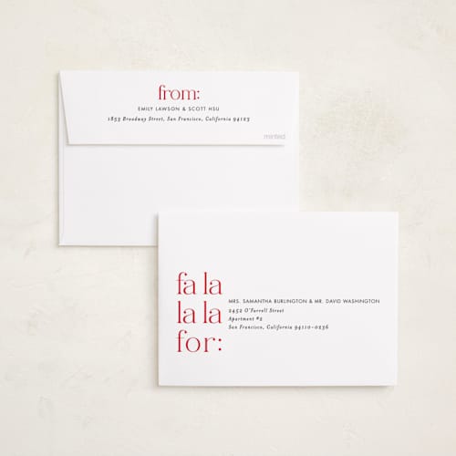 This is a crimson holiday photo cards with standard by Amy Payne called fa la la la late printing on recycled smooth signature in standard