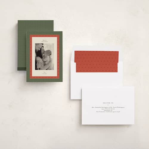 This is a evergreen holiday photo cards with standard by Ellen Schlegelmilch called disney's mickey stamped border printing on recycled smooth signature in standard
