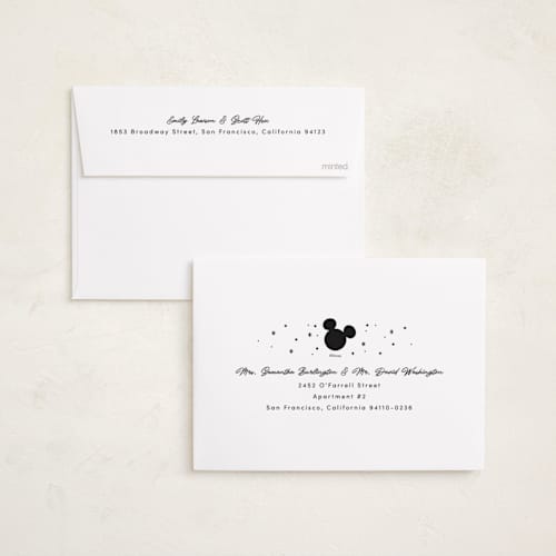 This is a snow holiday photo cards with standard by Pixel and Hank called disney's mickey magical holiday printing on recycled smooth signature in standard