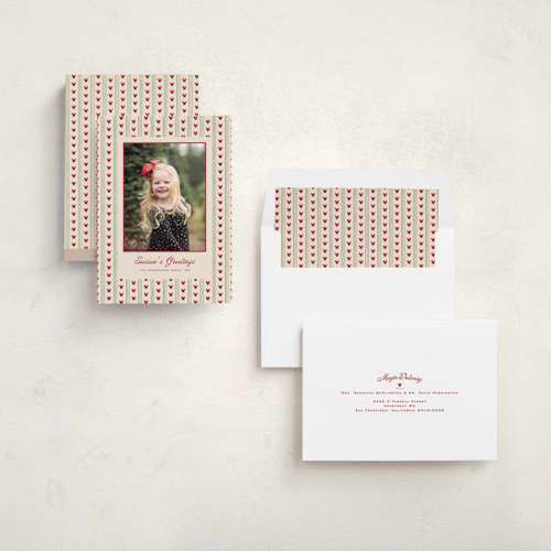 This is a crismson holiday photo cards with standard by Claudia Orengo called disney's preppy stripes mickey mouse printing on recycled smooth signature in standard