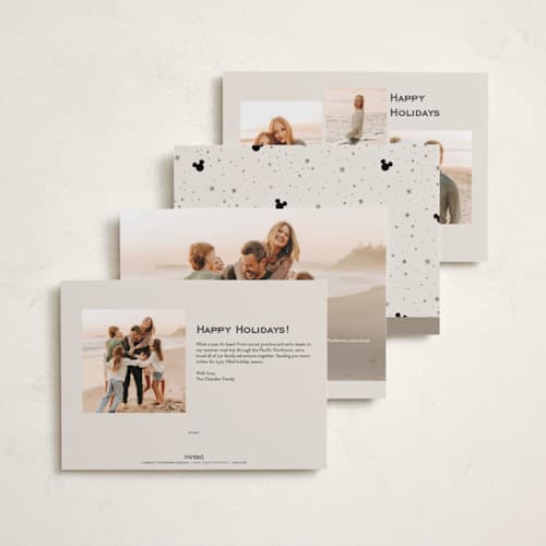 This is a cream holiday photo cards with standard by Pixel and Hank called disney's happiest mickey printing on recycled smooth signature in standard