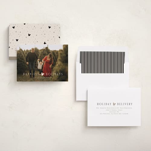 This is a cream holiday photo cards with standard by Pixel and Hank called disney's happiest mickey printing on recycled smooth signature in standard