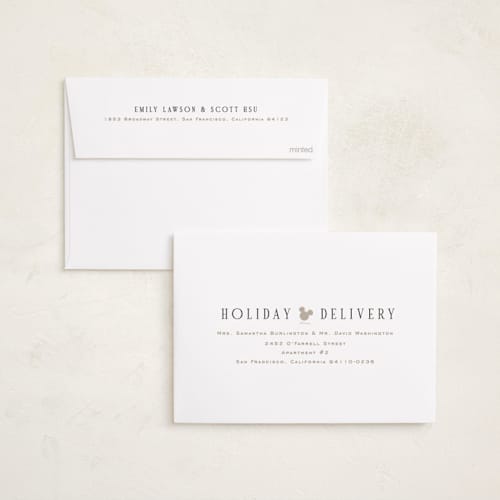 This is a cream holiday photo cards with standard by Pixel and Hank called disney's happiest mickey printing on recycled smooth signature in standard