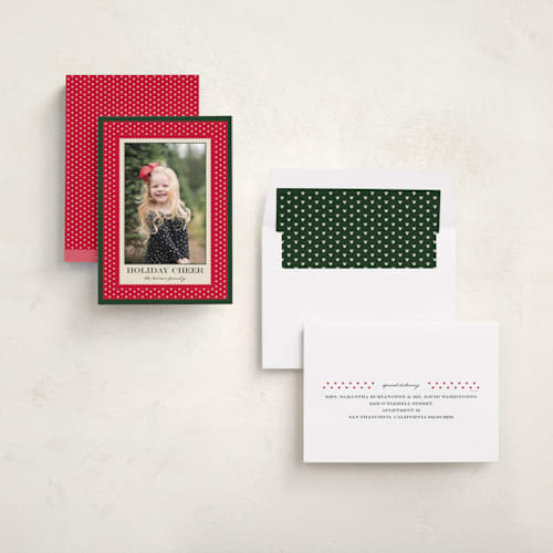 This is a holly berry holiday photo cards with standard by Jenna Holcomb called disney's mickey mouse swiss dot printing on recycled smooth signature in standard