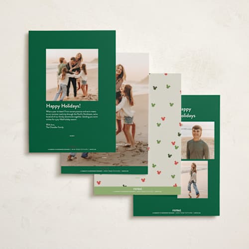 This is a wreath holiday photo cards with standard by Sarah Hawkins Designs called disney's mickey ribbon holly printing on recycled smooth signature in standard