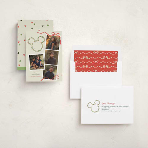 This is a wreath holiday photo cards with standard by Sarah Hawkins Designs called disney's mickey ribbon holly printing on recycled smooth signature in standard
