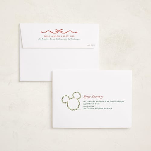 This is a wreath holiday photo cards with standard by Sarah Hawkins Designs called disney's mickey ribbon holly printing on recycled smooth signature in standard