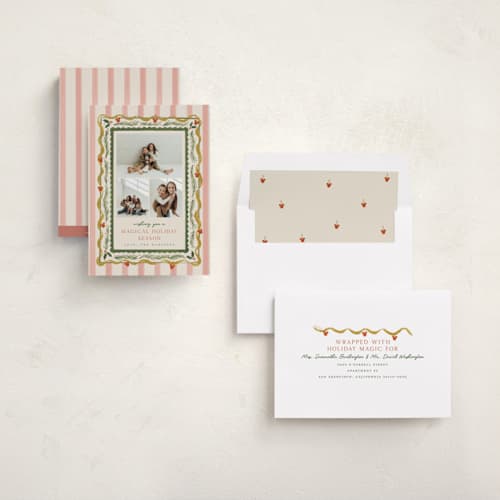 This is a holly berry holiday photo cards with standard by Vera Lim called disney stripes mickey printing on recycled smooth signature in standard