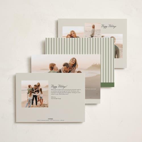This is a salmon holiday photo cards with standard by Ellen Schlegelmilch called script & stripes printing on recycled smooth signature in standard
