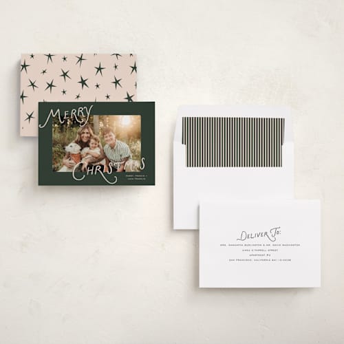 This is a pine holiday photo cards with standard by Pixel and Hank called tidings printing on recycled smooth signature in standard