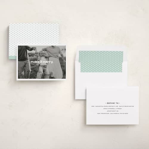 This is a snow holiday photo cards with standard by Snow and Ivy called frolicsome printing on recycled smooth signature in standard