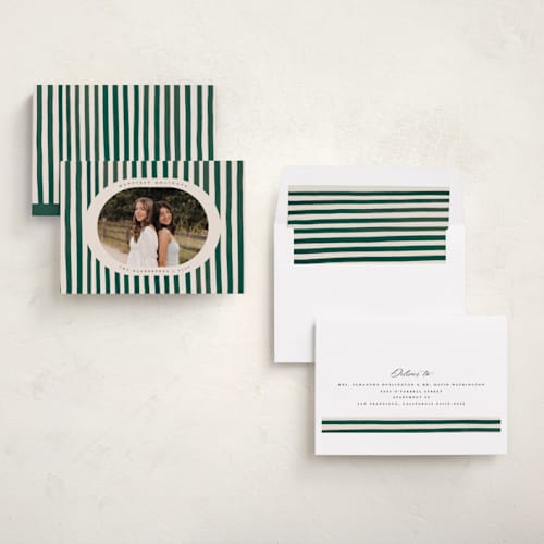 This is a pine needle holiday photo cards with standard by Teju Reval called vintage stripes printing on recycled smooth signature in standard