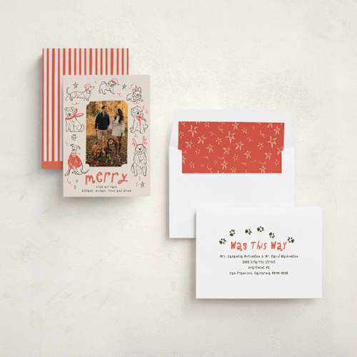 This is a cranberry holiday photo cards with standard by Vera Lim called doggy merry printing on recycled smooth signature in standard