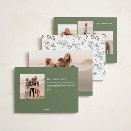 This is a peppermint holiday photo cards with standard by Everett Paper Goods called pine holly printing on recycled smooth signature in standard