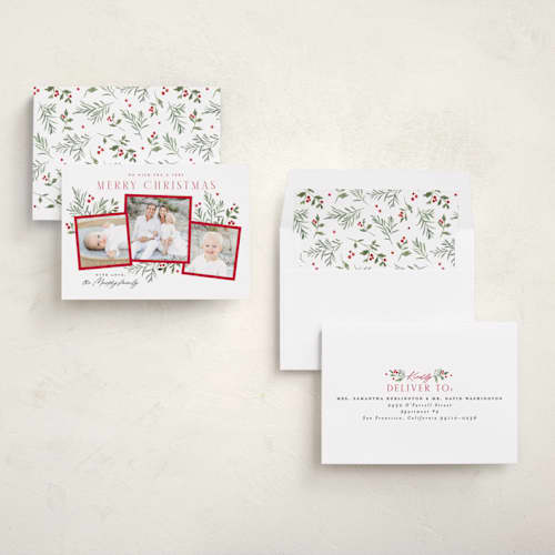 This is a peppermint holiday photo cards with standard by Everett Paper Goods called pine holly printing on recycled smooth signature in standard