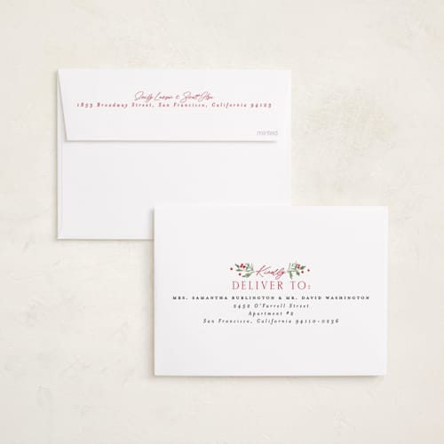 This is a peppermint holiday photo cards with standard by Everett Paper Goods called pine holly printing on recycled smooth signature in standard