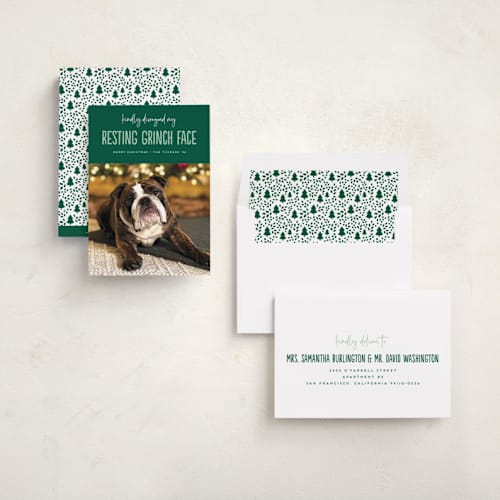 This is a noble fir holiday photo cards with standard by Erica Krystek called grinch face printing on recycled smooth signature in standard