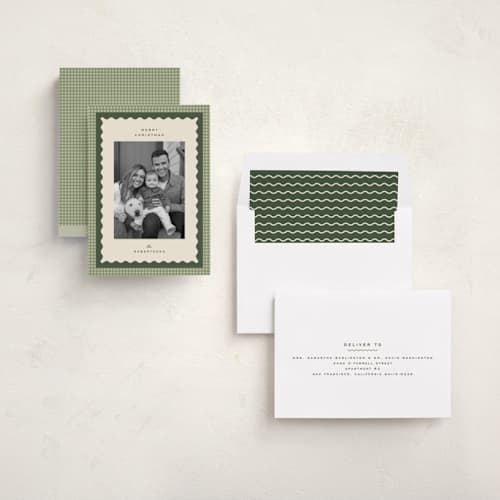 This is a garland holiday photo cards with standard by Ellen Schlegelmilch called gingham layers printing on recycled smooth signature in standard