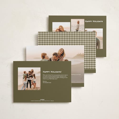 This is a olive holiday photo cards with standard by Ellen Schlegelmilch called mini argyle printing on recycled smooth signature in standard