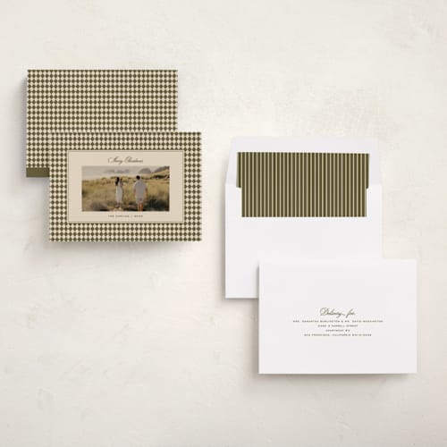 This is a olive holiday photo cards with standard by Ellen Schlegelmilch called mini argyle printing on recycled smooth signature in standard