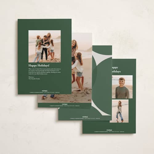 This is a pine holiday photo cards with standard by Brianne Larsen called round overlap printing on recycled smooth signature in standard