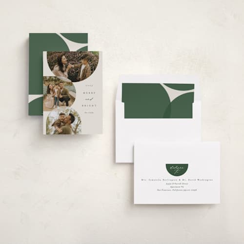 This is a pine holiday photo cards with standard by Brianne Larsen called round overlap printing on recycled smooth signature in standard