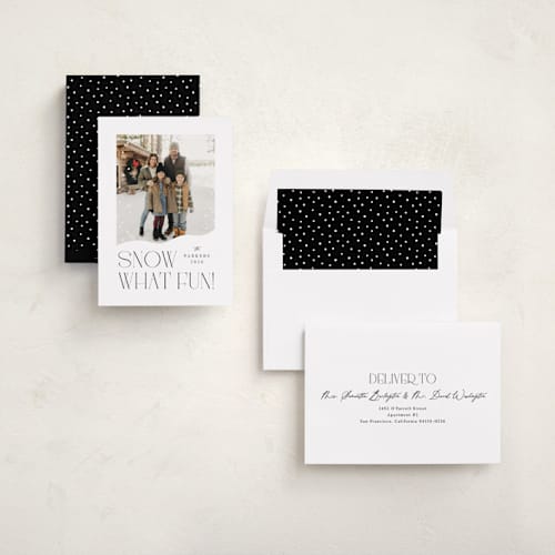 This is a ink holiday photo cards with standard by Olivia Raufman called snow what fun printing on recycled smooth signature in standard