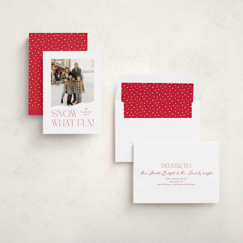 This is a stocking holiday photo cards with standard by Olivia Raufman called snow what fun printing on recycled smooth signature in standard
